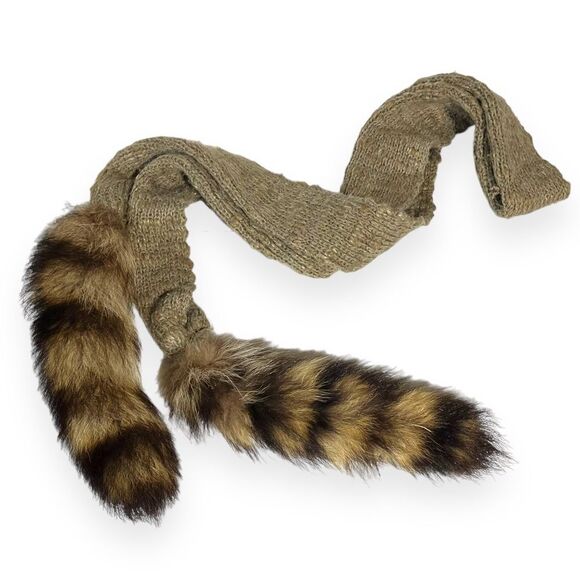 Vintage 80s Winter Knit Scarf w/‎ Fur Tails Raccoon Tails Wear Repurpose Cosplay - Picture 4 of 10